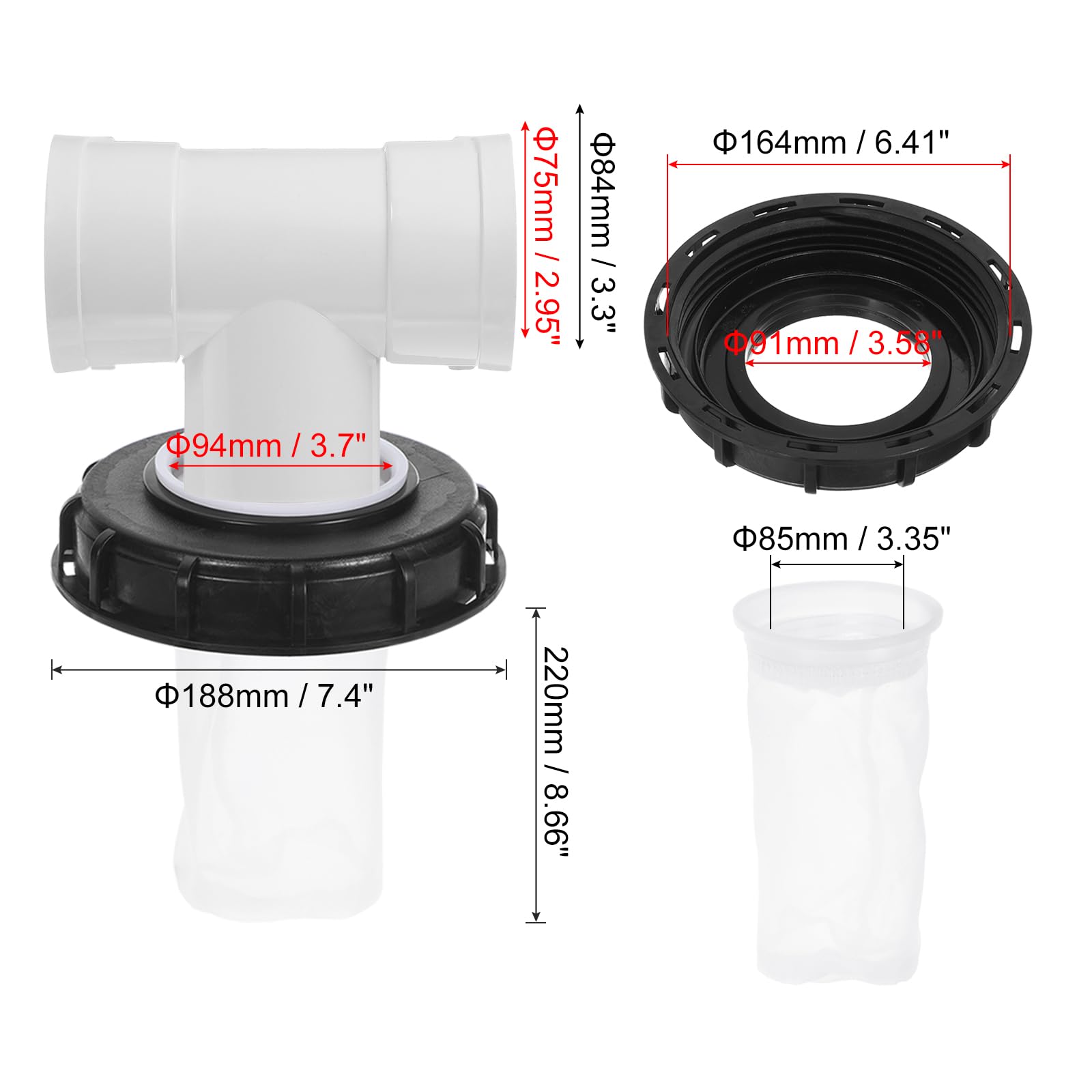 QUARKZMAN 163mm Tapa de Filtro de de IBC, Adaptador de Manguera en T para Contenedor de Tanque de Agua de Lluvia de 1000L para Tanques de Agua de 275gal, Negro/Blanco