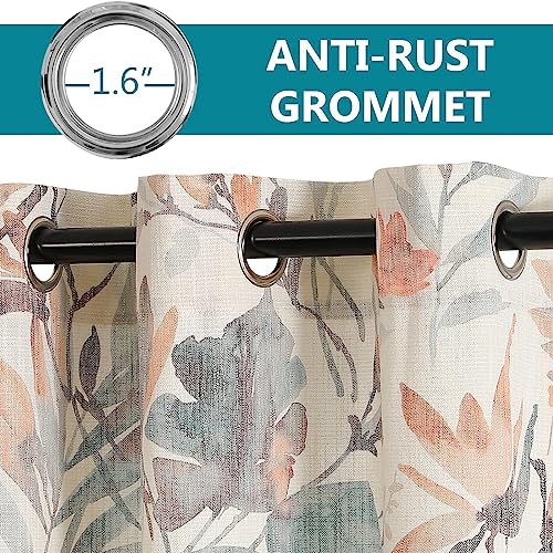 Image of MYSKY HOME Curtains 90 Inch Length Orange Curtains for Living Room Flower Printed Light Filtering Privacy Protect Drapes Set Natural Linen Look Window Treatment Grommet 2 Panels,Coral and Natural