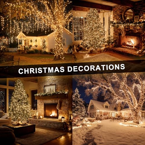 Image of Dazzle Bright Christmas String Lights, 600 LED 196 FT Waterproof Green Wire String Lights with 8 Lighting Modes Timer, Christmas Decorations Outdoor for Party Yard Garden Xmas Tree Decor, Warm White