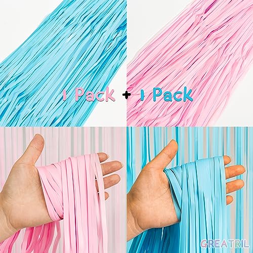 Image of Pink and Blue Party Photo Backdrop - GREATRIL Foil Fringe Tinsel Streamers for Gender Reveal /Pastel /Easter /Birthdays Party Decorations - 3.2ft X 8.2ft - 2 Packs