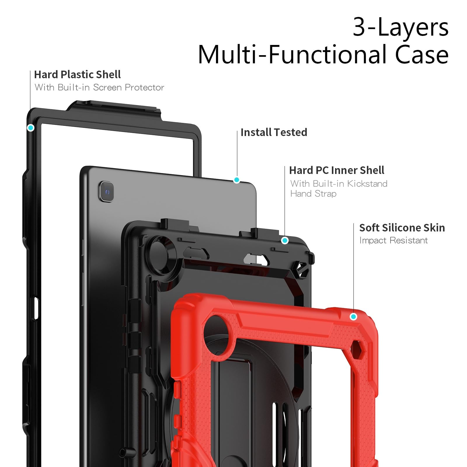 Kompatybilny z Samsung Galaxy Tab A7 10,4 cala SM-T500/T505 (2020) Etui folią ochronną ekranu, [podpórka] [pasek na ramię] Odporna wstrząsy wytrzymała obudowa 360° obrotowy pasek rękę i ramię(Rosso)