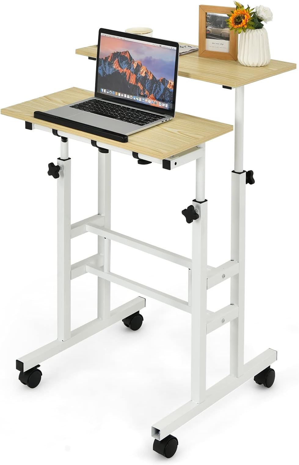 COSTWAY Height Adjustable Standing Desk, Mobile Laptop Table Computer Desk with Flip-over Desktop and Wheels, 2-Tier Laptop Cart Sit Stand Desk Writing Workstation for Home Office (Natural+White)