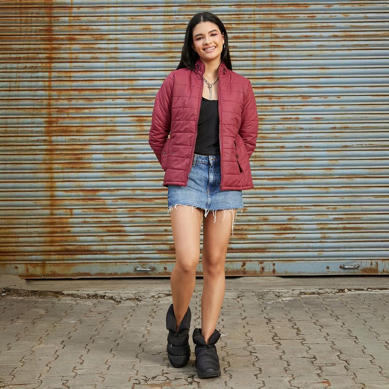 Image of Campus Sutra Women's Fleece-Lined Biker Jacket For Casual Wear | Spread Collar | Long Sleeve | Zipper Closure | Jacket Crafted With Comfort Fit For Everyday Wear