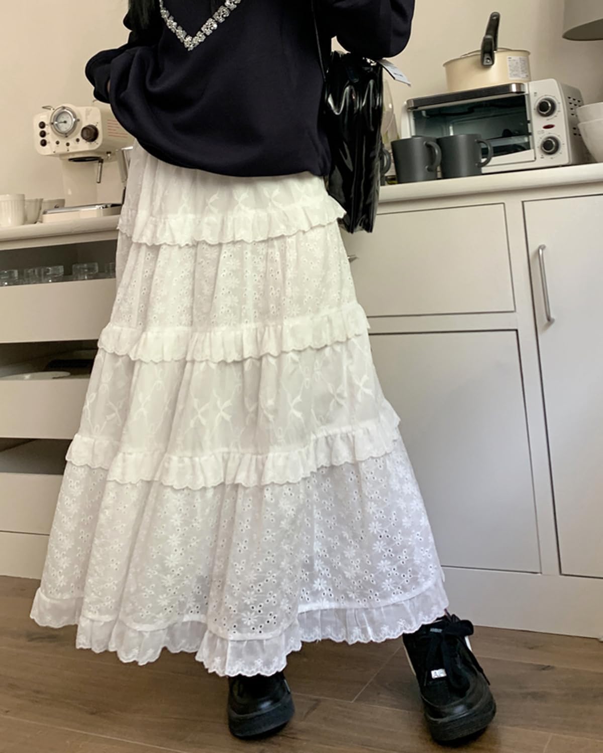 White Lace Maxi Skirts for Women Fashion A-Line High Waist Flowy Ruffle Tiered Boho Long Novelty Skirt
