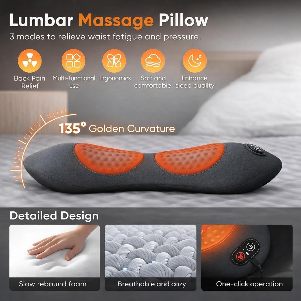 Rechargeable Back Massager with Heat, 3-in-1 Lumbar & Spine Support Massage Pillow with Traction Design, Cordless Portable Lower Back Relaxation Cushion for Home Office (Grey)