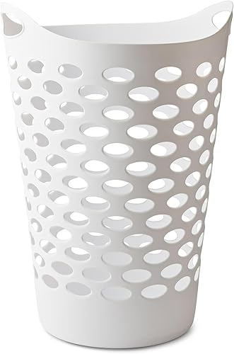 White Round Plastic Laundry Hamper with Handles - 2.2 Bushel Capacity, Lightweig