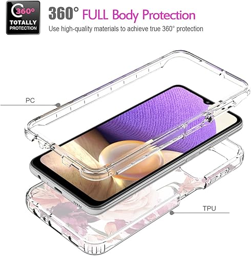 Miniatura 3 de Vavies Funda para Galaxy A32 5GM32 5G SM-A326 con protector de pantalla de vidrio templado, cuerpo completo transparente con diseño floral de