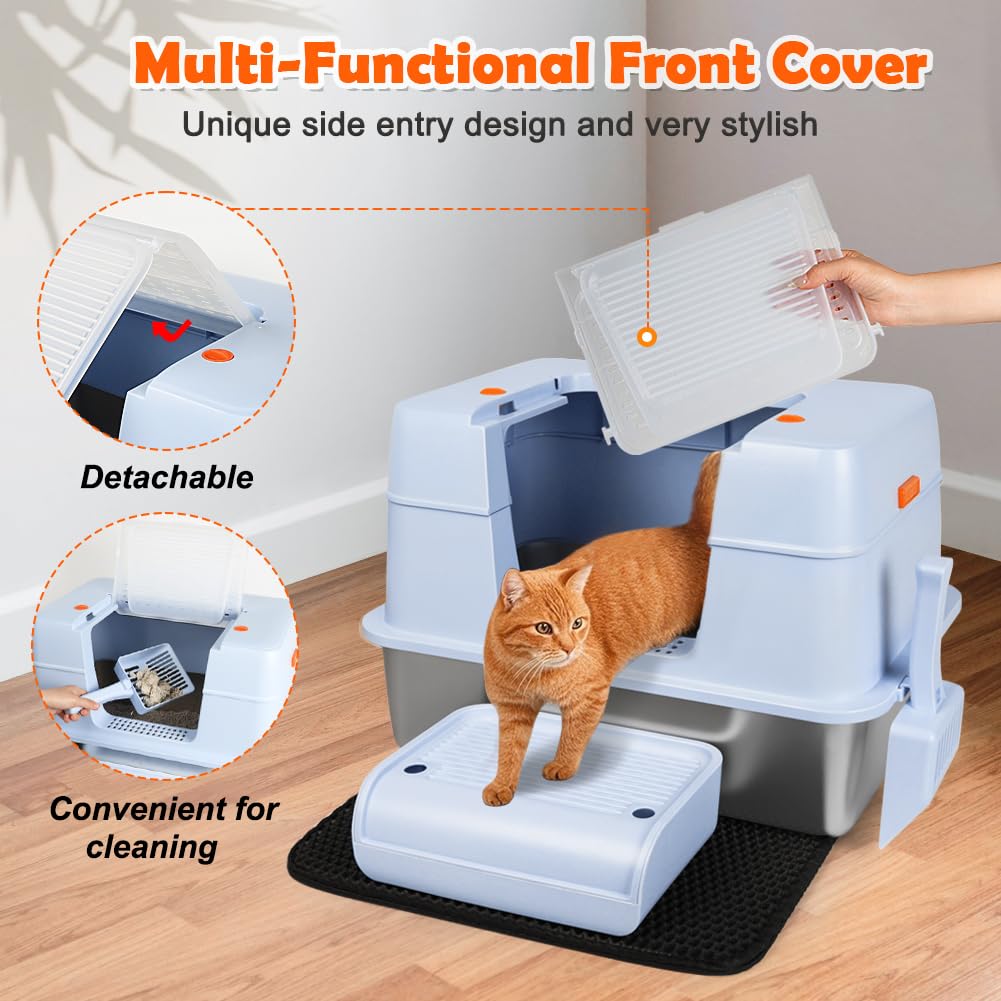 Vivifying - Cama para gatos de acero inoxidable con tapa, talla XL, fácil de limpiar y resistente a los olores, de acero inoxidable, con pedales, pala y alfombra(azul)