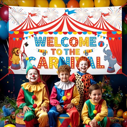 Image of Welcome To The Carnival Backdrop - 72x44 Inch | Carnival Theme Party Decorations | Circus Party Decorations for Birthday Carnival Games for Kids, Carnival Decorations for Carnival Party, KatchOn