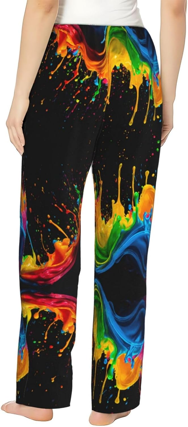 Paint Splatter Backdrop Print Cozy Flannel Pajama Pants For Women,Warm Christmas Pj Pants,Cute Fleece Pajamas