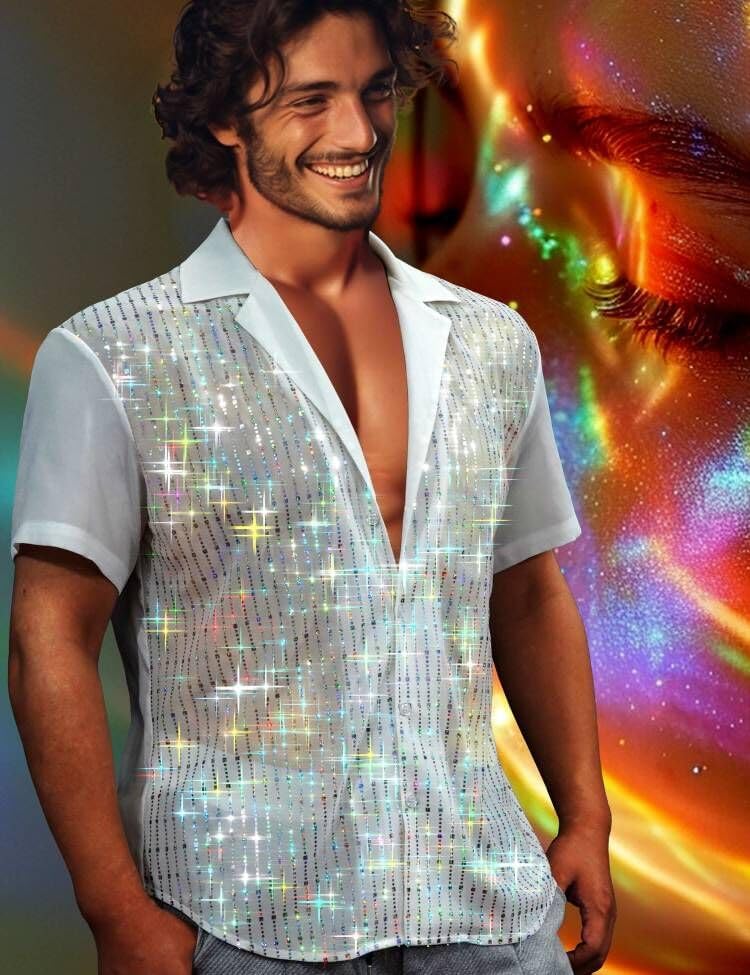 Mens Mesh Sequins See Through 70s Disco Long Sleeve Button Down Shirts - Image 3