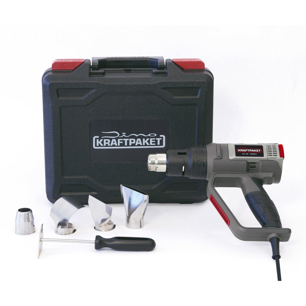 Dino KRAFTPAKET PROFI Heißluftpistole 2000W 60 Temperaturstufen 50-650°C programmierbar Kühlstufe 250-500L/min Heißluftgebläse Keramik Heizelement Display Memory Koffer Zubehör