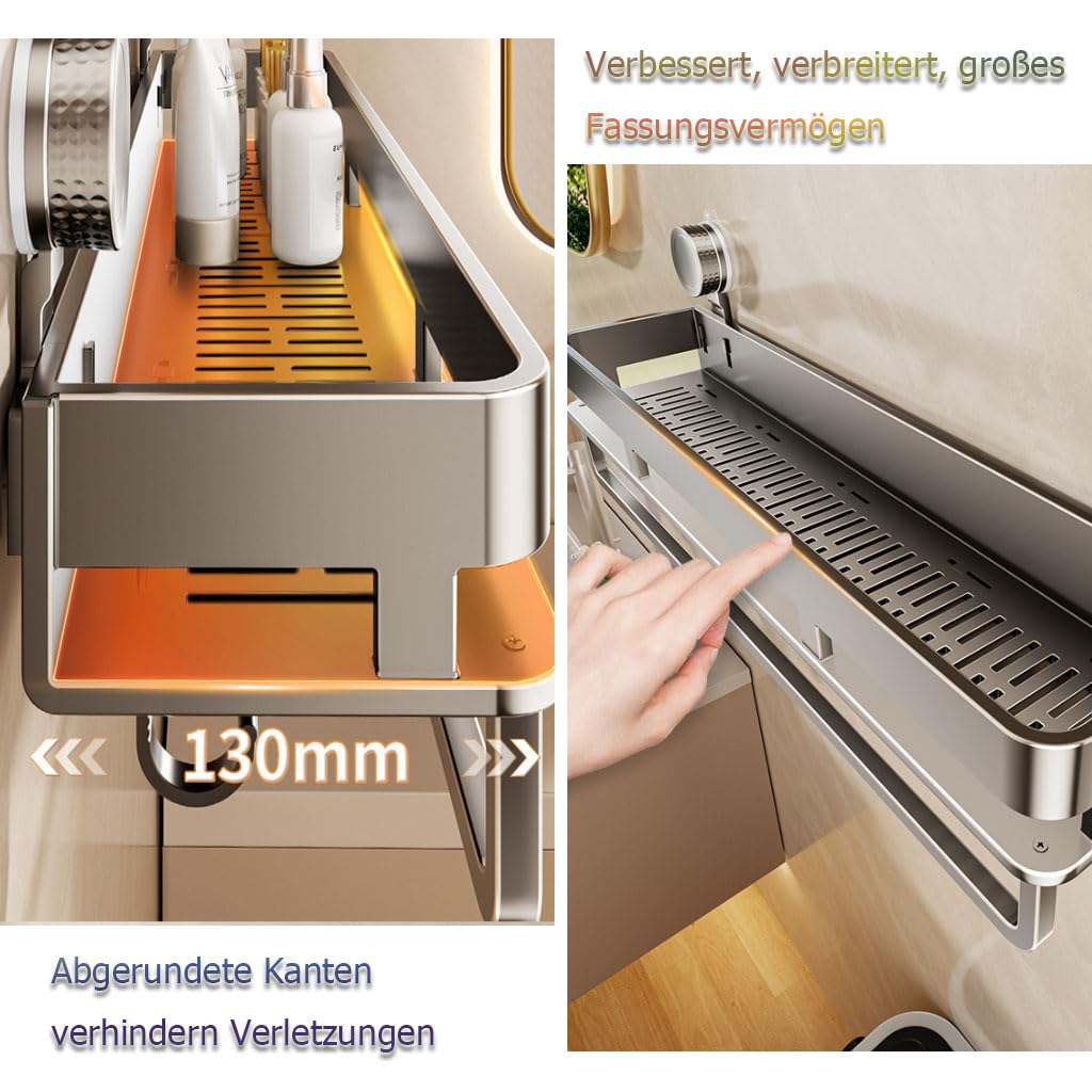 Mensola da Doccia Senza Fori con Ventosa, scaffale da Bagno con Fondo di Scarico, portasciugamani in Metallo, organizzatore da Bagno per lavabo, Doccia e Cucina,C,50cm