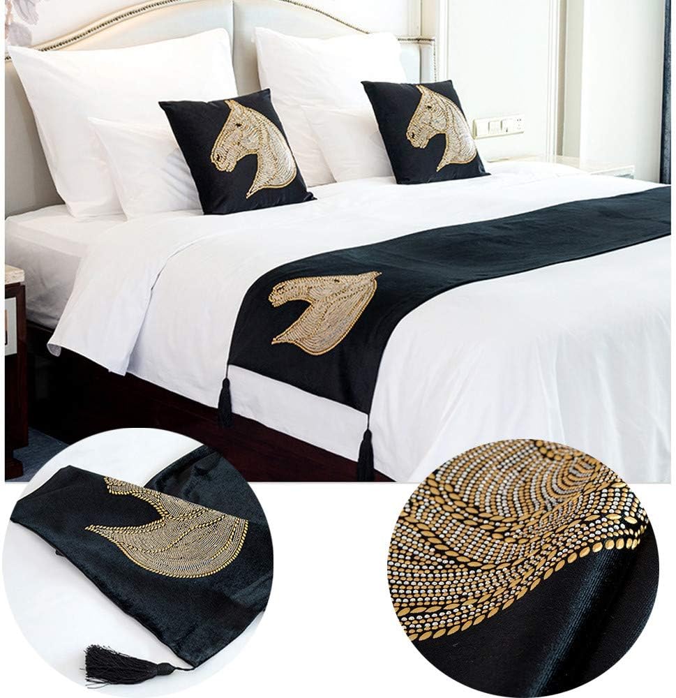 Luxury Bed Runners and Pillowcase Set Velvet Rhinestone Horse Head Black Bed Runner Scarf Protector for Bedroom Hotel Farmhouse