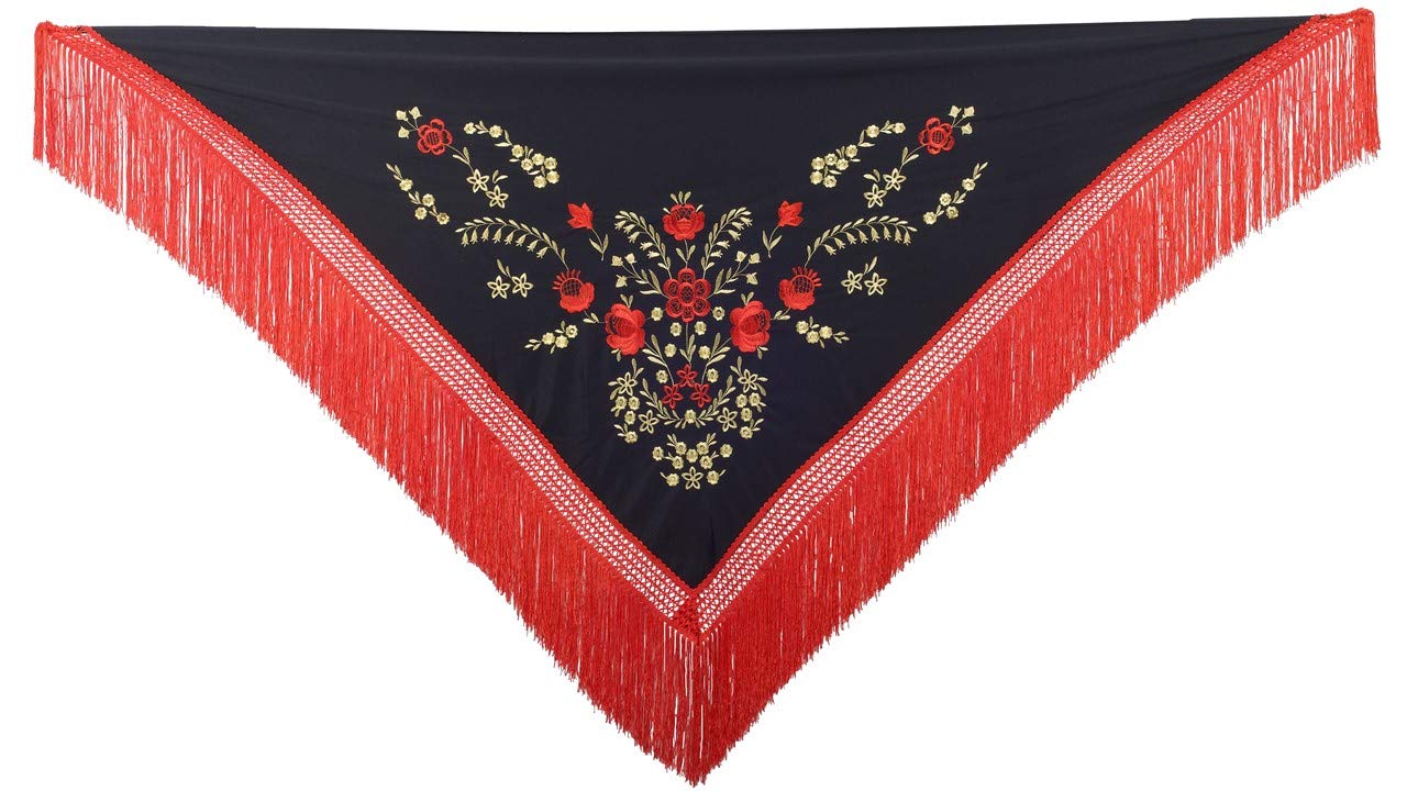 La Señorita Foulard cintura chale manton de manila Flamenco di danza nero rosso oro frangia rosso