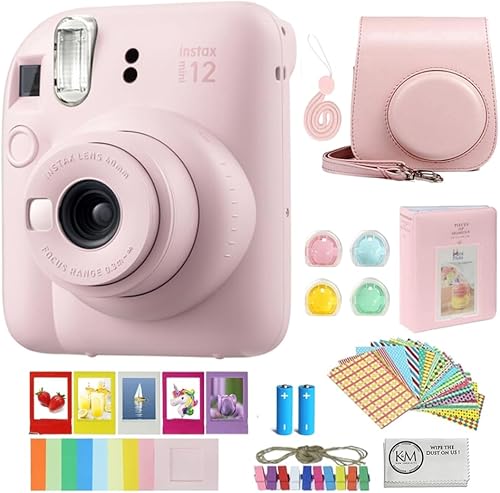 FUJIFILM INSTAX Mini 12 - Cámara de película instantánea Blossom Pink con paquete de accesorios Instax + paño de limpieza (8 artículos)