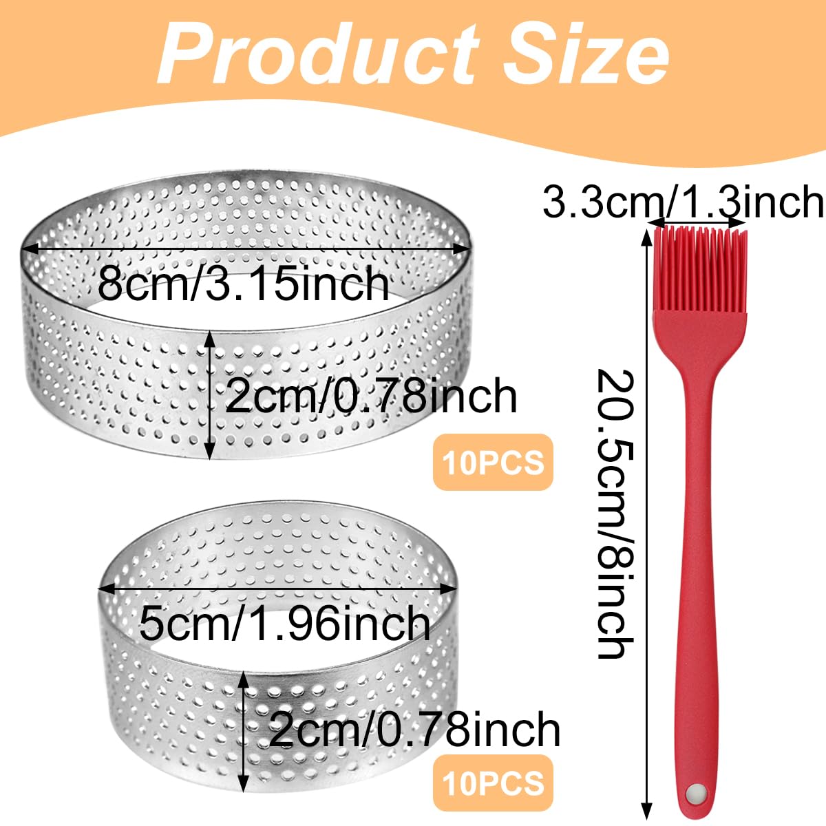 Lot de 20 anneaux à tarte perforés en acier inoxydable, anti-adhésifs, ronds, en métal, pour la cuisson de petites tartelettes de fruits et croûtes de tartelettes de 7,9 cm + 5,1 cm