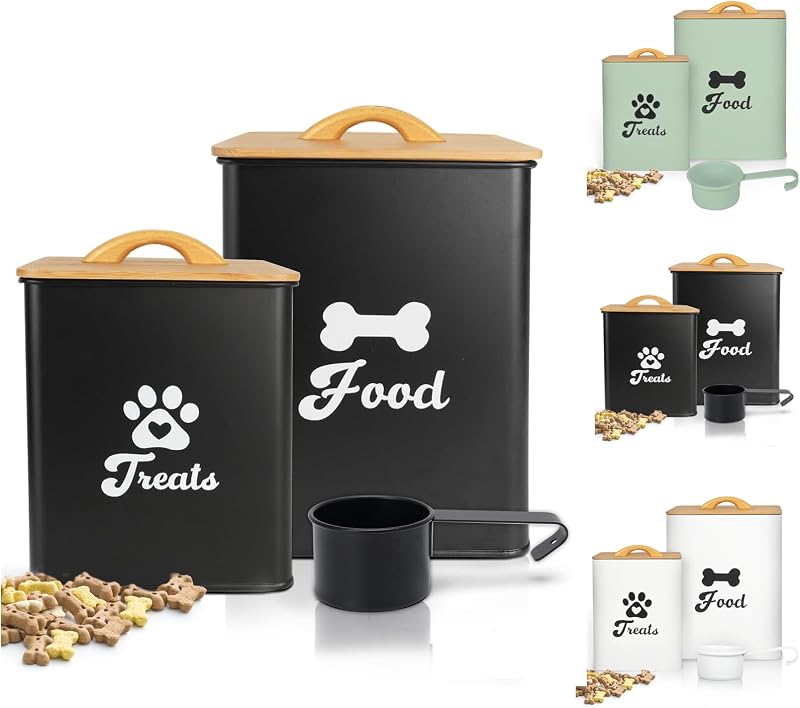 Potes para Armazenar Ração e Petiscos para Cães e Gatos Dekosilave com Tampa Hermética de Bambu, Metal, Preto, Pacote com 2