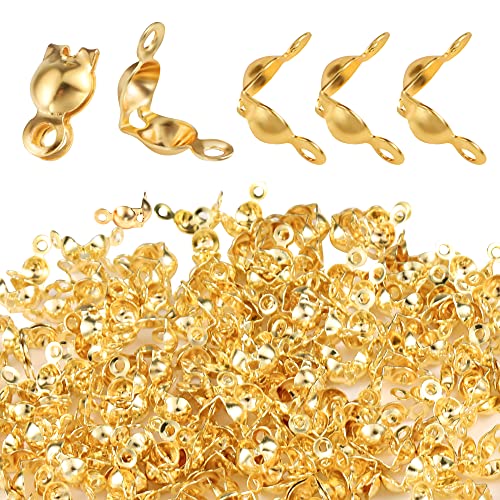 200 PCS Gold Knot Covers for Jewelry Making 4x8 mm Clamshell Crimp Tips Beads Clamshell Fold-Over Bead Covers for DIY Bracelets Necklaces