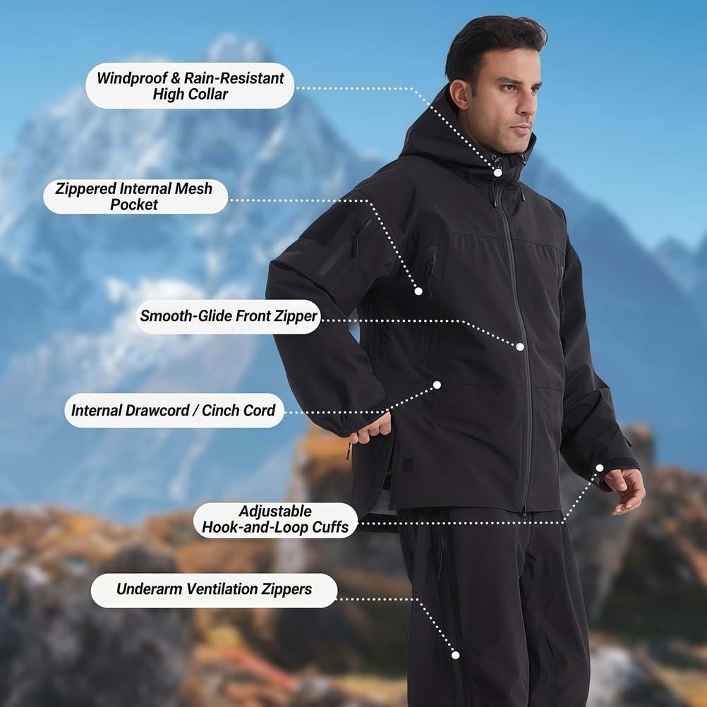 Combinaison tactique, pantalon imperméable et coupe-vent avec tissu à 3 couches, équipement de pluie prêt pour les tempêtes pour les trajets en plein air et quotidiens