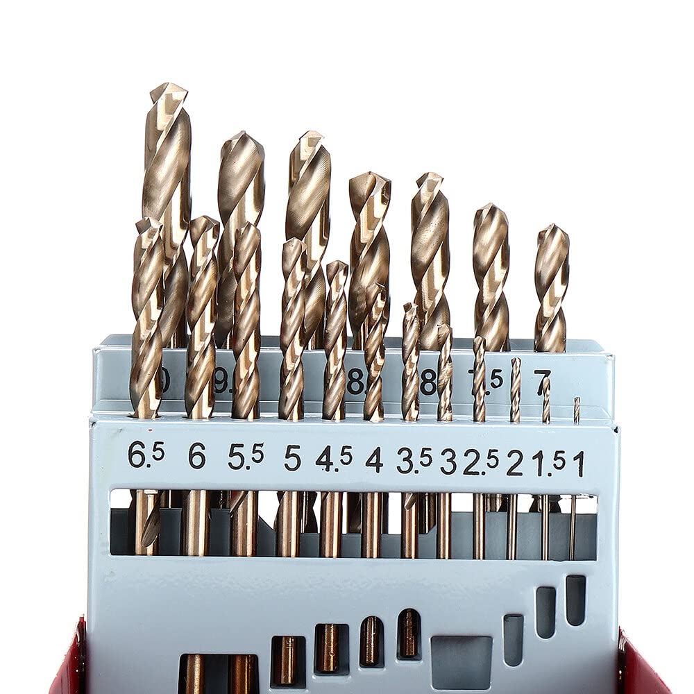VIDOO Juego de Brocas Cobalto M35 HSS-Co Helicoidales con Caja Metal para Acero Inoxidable Madera-19Piezas