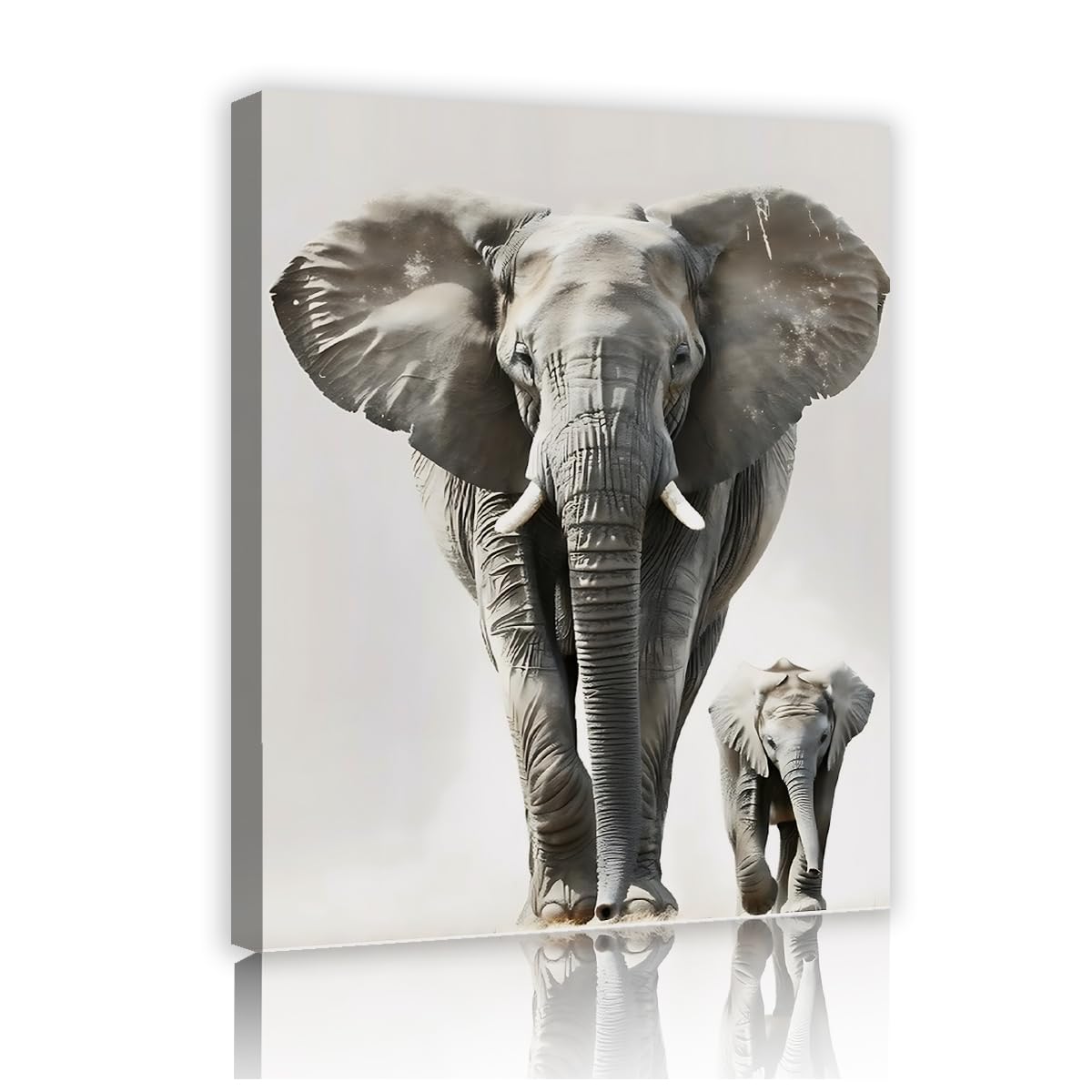 YUNART Elephant Decor Wall Art Black and White Elephant and Cub Picture Canvas Prints Africa Animal Print Modern Artwork for Bedroom 70x90cm Innerframe