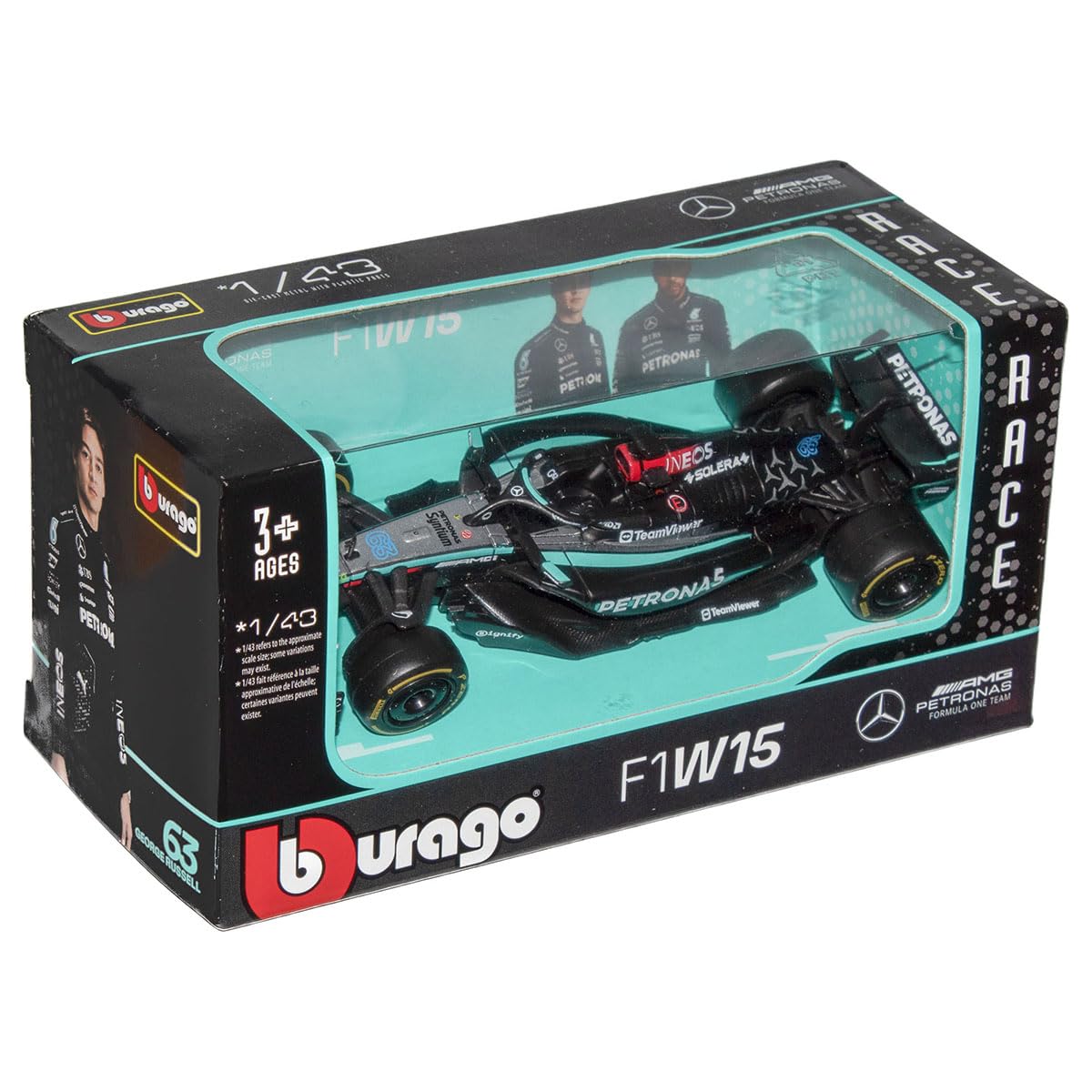 Bburago F1 Formula 1 MERCEDES AMG W15 (2024) - RUSSELL - Incredibly Detailed Die-Cast Replica Collectible Race Car Model, Multiple Colours