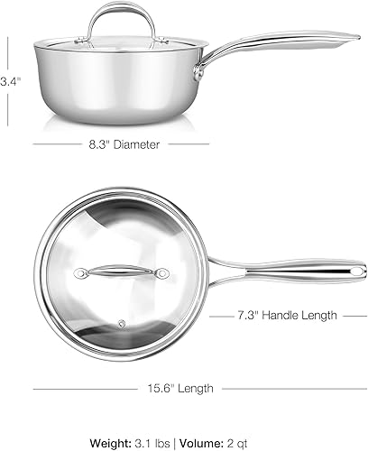 Miniatura 4 de KEAWELL K3 Premium - Cacerola de acero inoxidable de tres capas con tapa de 2 cuartos de galón, apta para inducción y horno hasta 600F,
