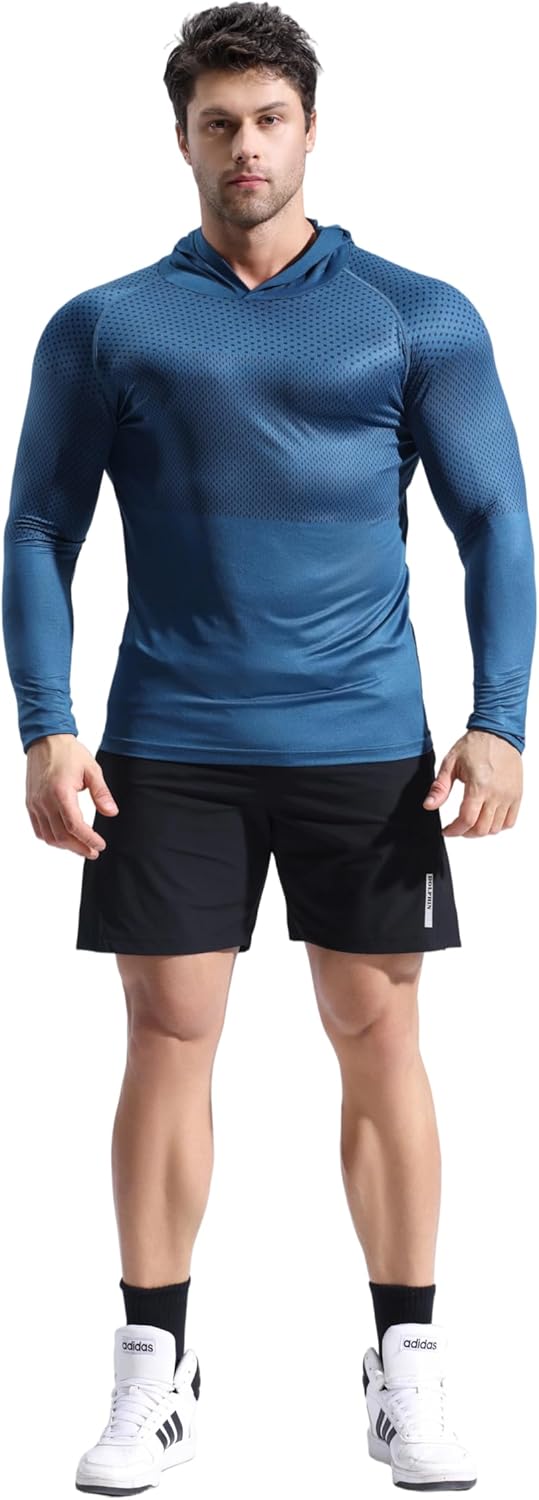 Men's UPF 50 Sun Hoodie Workout Shirt - Moisture Wicking Compression Fit, Lightweight Long Sleeve Running Top