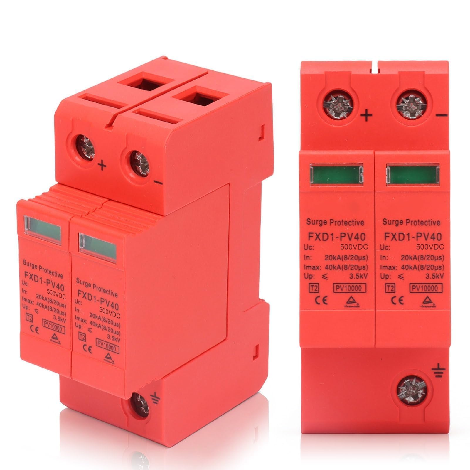 2 Piezas Pararrayos Fotovoltaico, Solar Sobretensiones Fotovoltaicadispositivos De Protección contra Sobretensiones, CC 2P 40kA FXD1‑PV40 Descargador Fotovoltaico (CC 500V)
