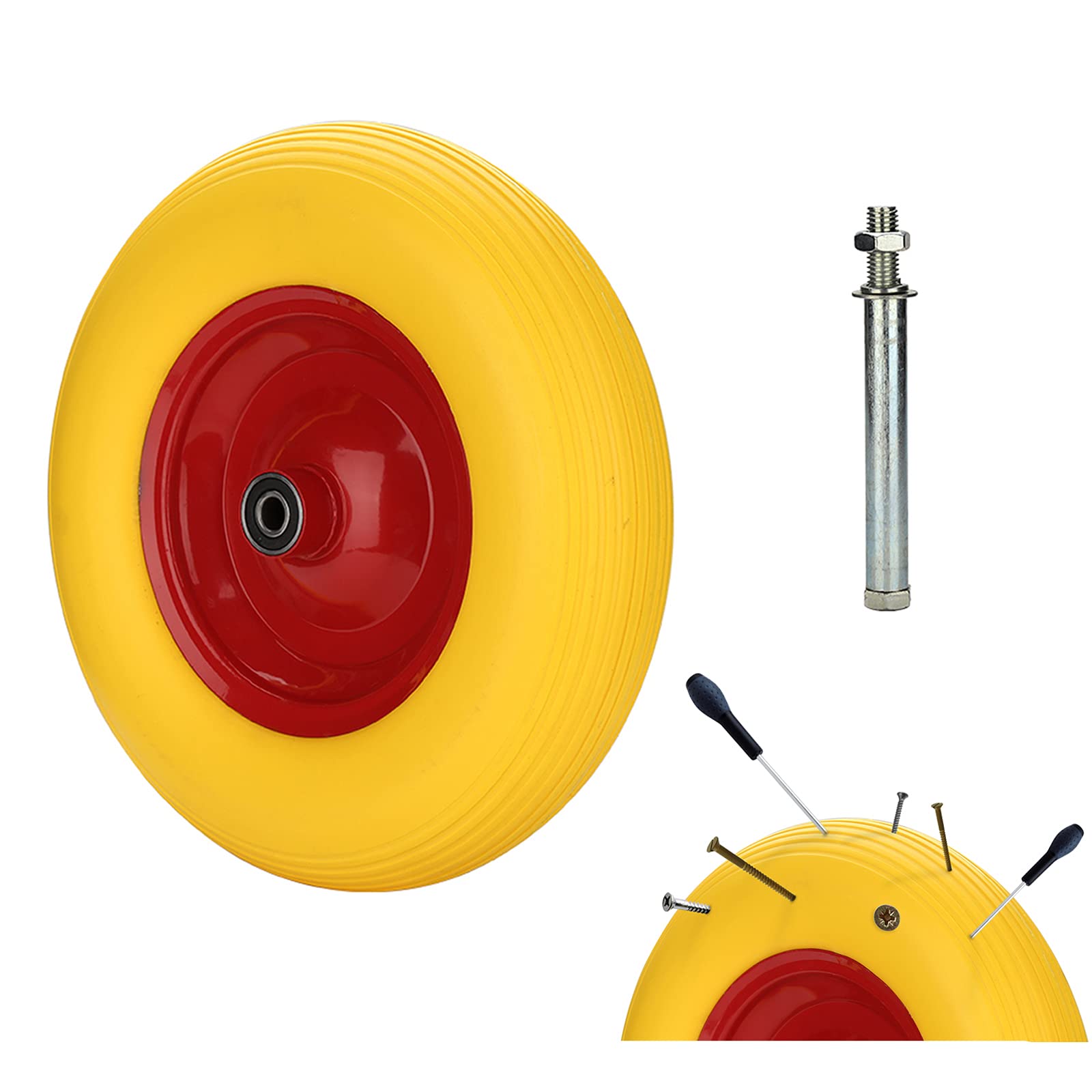 Lospitch Roue de brouette 4.80/4.00-8, 200 kg Anti-crevaison Axe Roue de Rechange pour brouette, PU Ø390mm avec axe, polyuréthane increvable,Chariots de Jardin