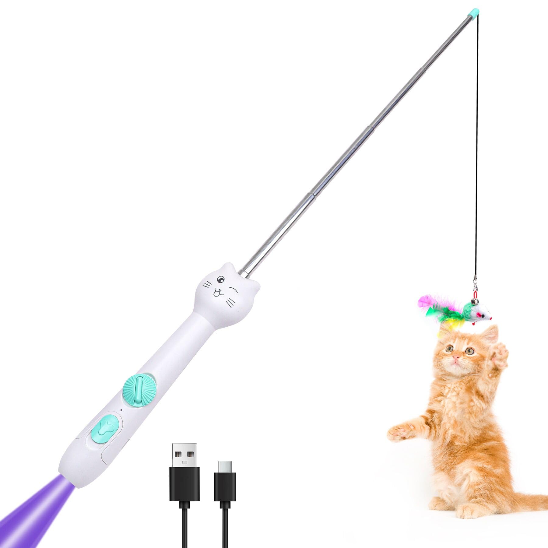 SEVENKA 3in1 Cat Toy, Rechargeable UV Flashlight and Retractable Rod with Feather Toy, USB-C White Light & 395nm Blacklight for Pet Urine Stains, Bed Bugs, Interactive Toy for Cat, Kitten