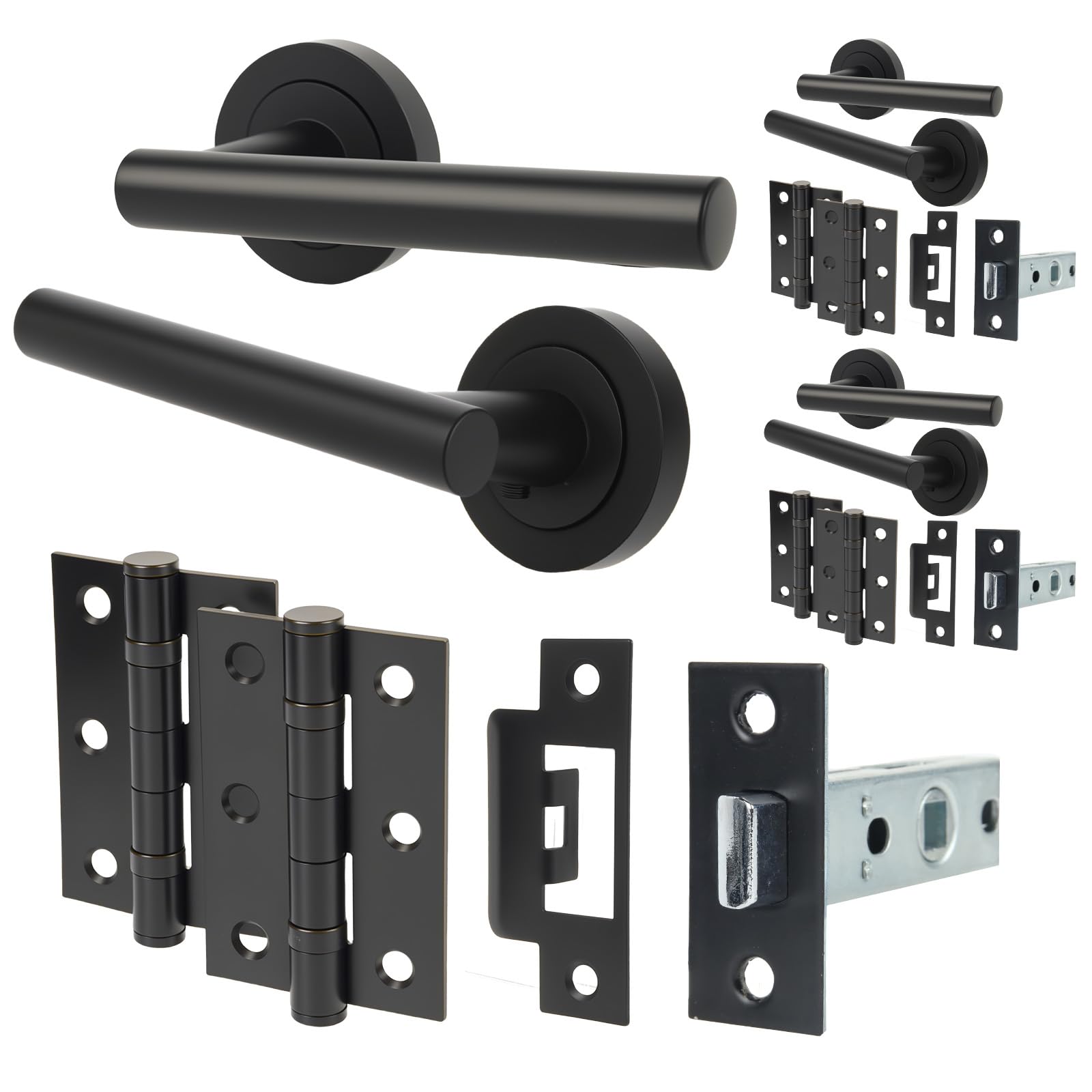 HARDHAWK Modern Door Handle Set with Hinges, Matte Black T-Bar Lever Handles, Complete Installation Hardware Kit