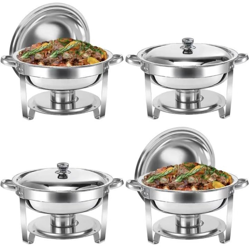 5 Pack 5L Round Chuff Dish Buffet Set Stainless Steel Charfer Silver Catering Food Warmer Buffet Server with Food Pan, Water Tray, Fuel Holder, Lid for Serving Event Party, Holiday Kitchen [Parallel Import]