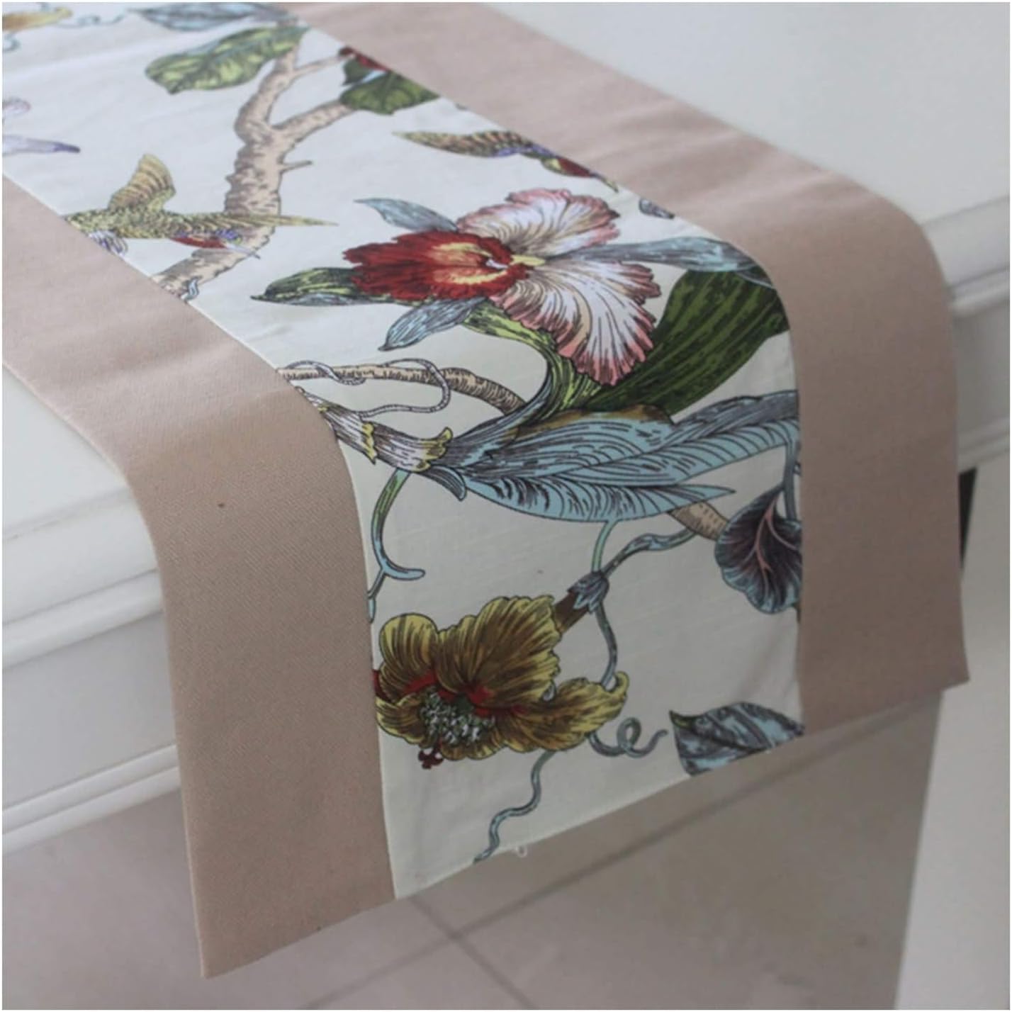 Table Runner Decoration,33x160CM,Flowers and Tassel Festive Table Runner Cotton Canvas,Table Runner Decoration Khaki White