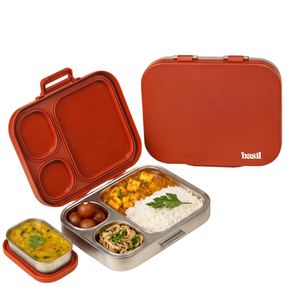 Basil Bento Box Quad Plus – 4 Compartment Stainless Steel Lunch Box (1020ml) with BPA-Free Lid | Leak-Proof Tiffin for Kids & Adults | Premium Lunch Box for School, Office & Picnic – Desi Mitti