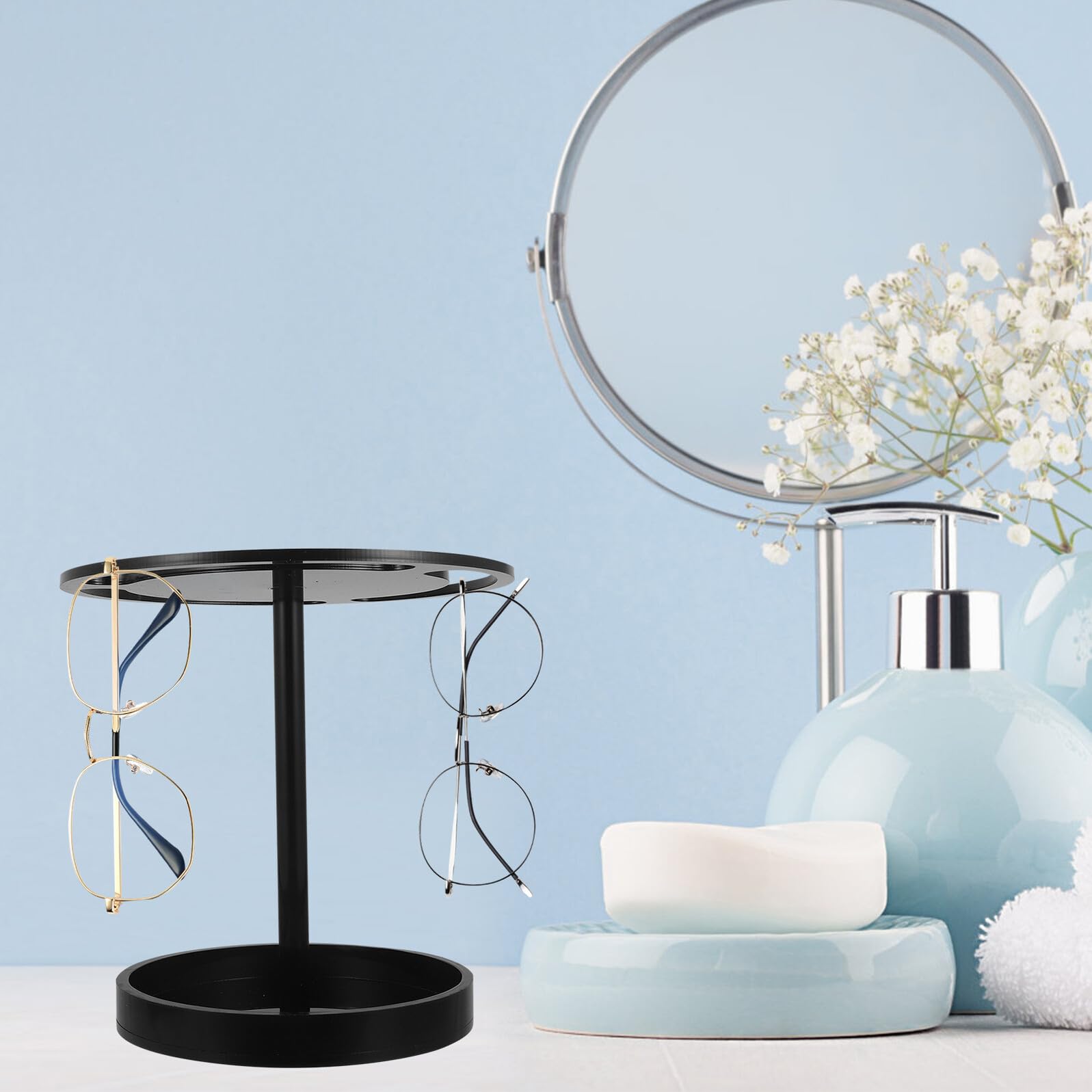 Cabilock Drehbarer Acryl Sonnenbrillenhalter mit Stabilem Sockel Kompakter Brillenorganizer für Schreibtisch Schwarzer Brillenständer zur Aufbewahrung und Präsentation