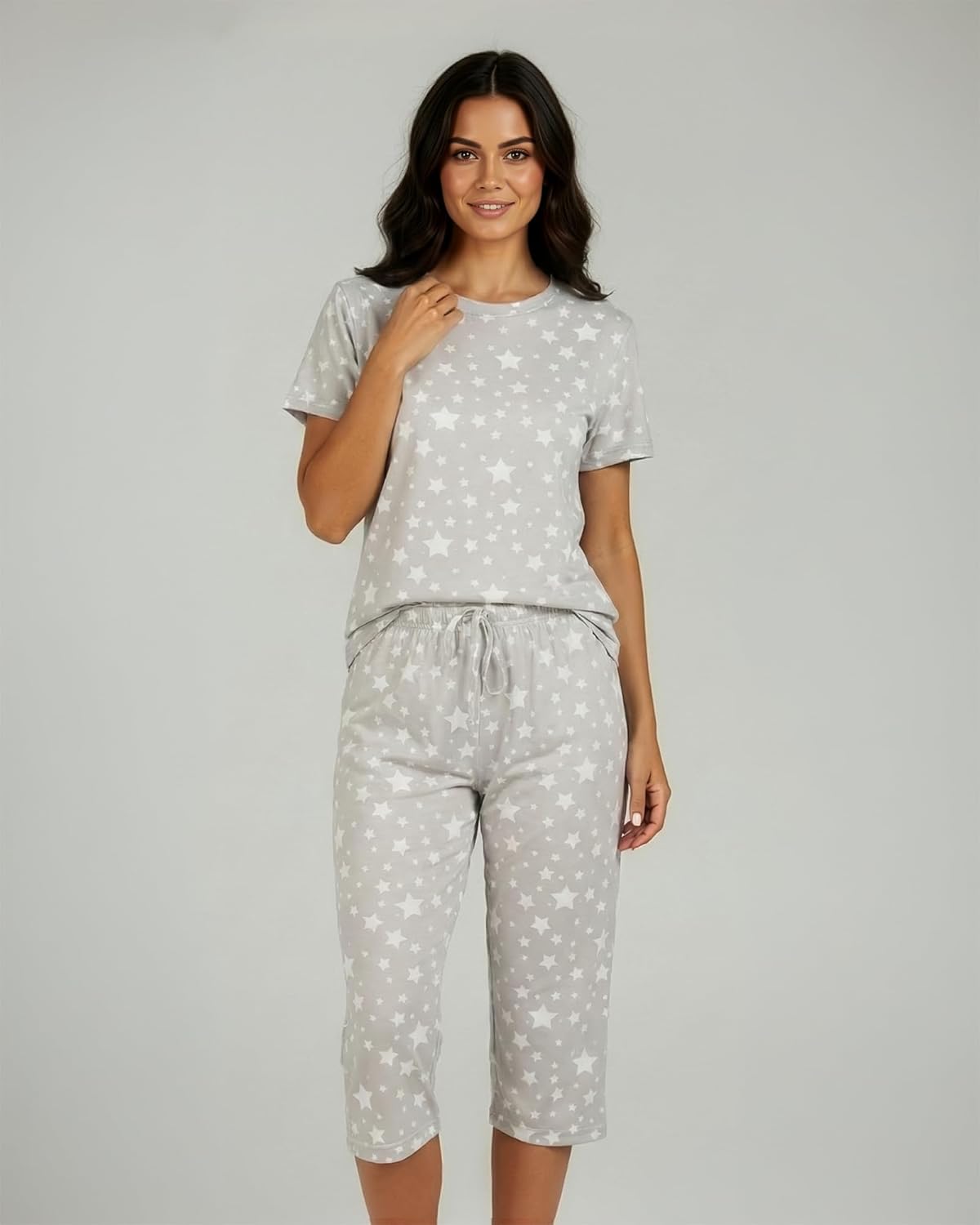 Real Essentials 2 Pack: Womens Pajamas Short Sleeve Sleepwear Tops and Capri Pants Pjs Print Pajama Sets (Available In Plus)