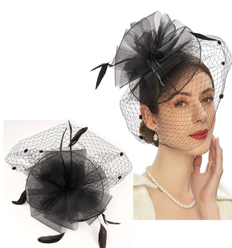 GenericFascinators Hat for Women with Feather Mesh Veil Headband Bridal Wedding Tea Party Cocktail Hat