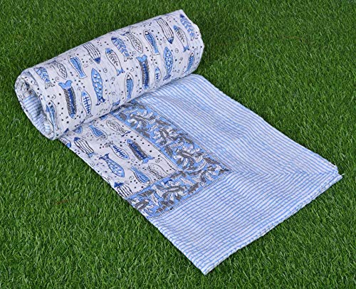 YUVANCRAFTS Indian Fish Print Kantha Quilt Traditional Mandala Print Kantha Quilt Bedspreads Throw Blanket Single Quilt