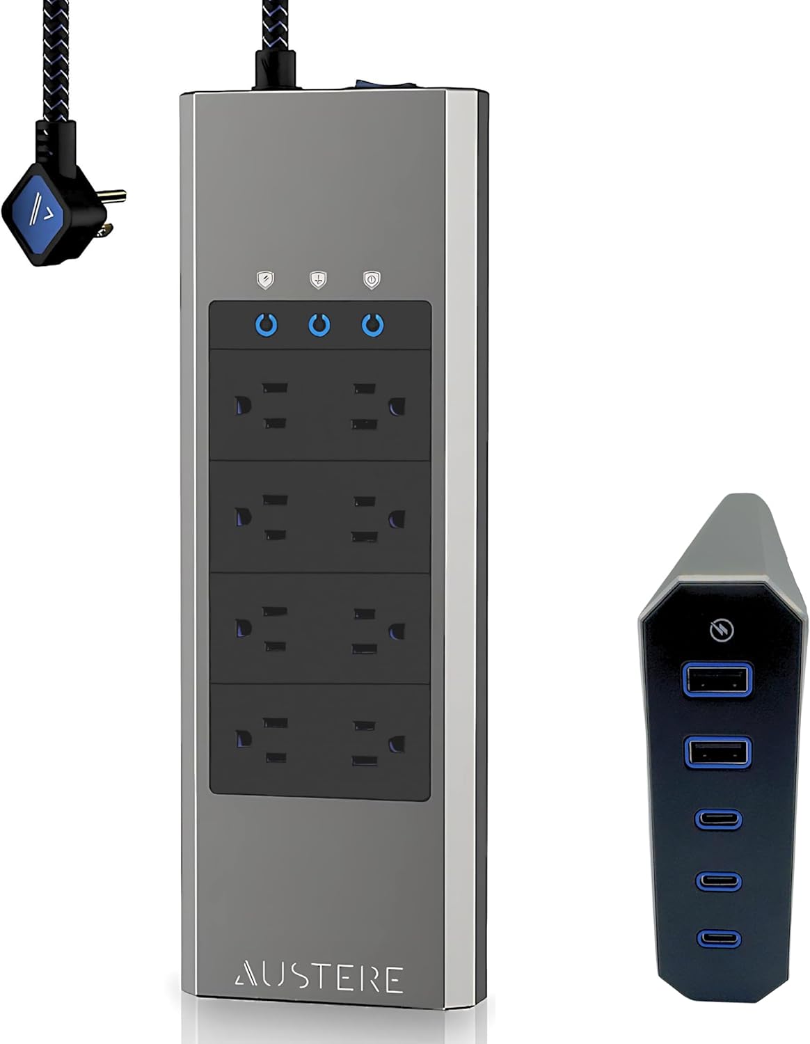 Brushed Aluminum 8-Outlet Power Strip with USB Ports