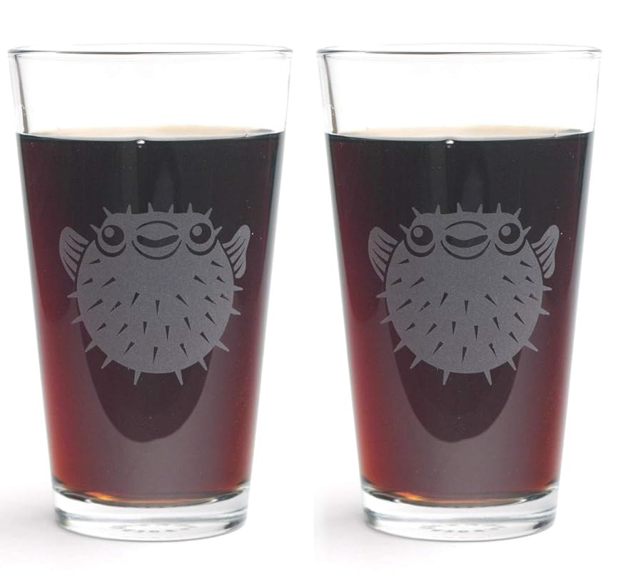 PUFFER FISH Pint Glasses set of 2 Dishwashersafe etched glass Handmade Products