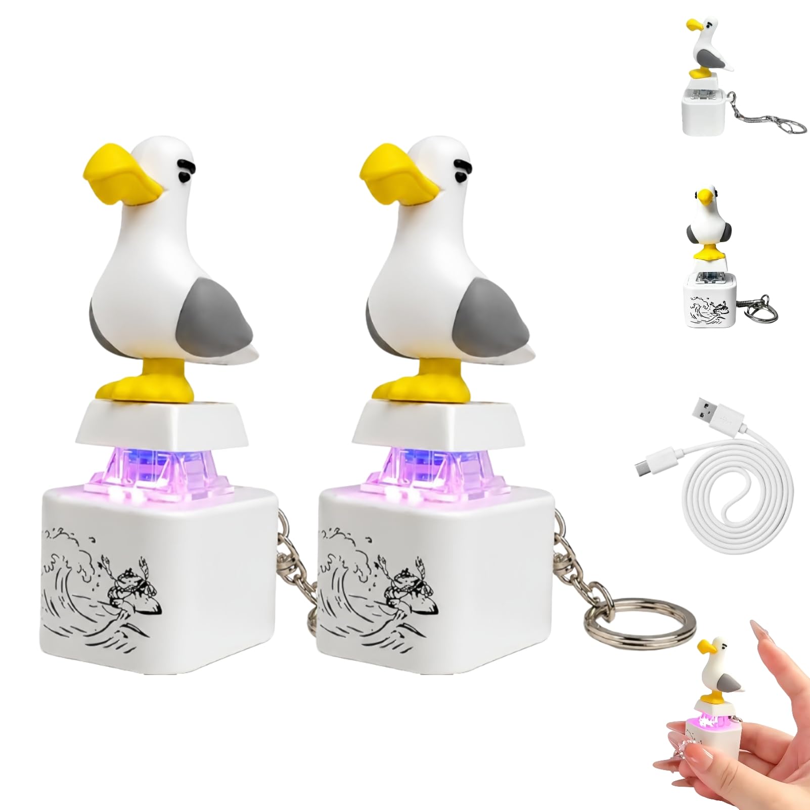 Seagull Mine Sound Button Keychain, Mine Seagull Keyring, Rechargeable Fidget Clicker with Real Sound and LED Light, Funny Interactive Desk Stress Relief Fidget Toy Gifts for Adults，2pcs