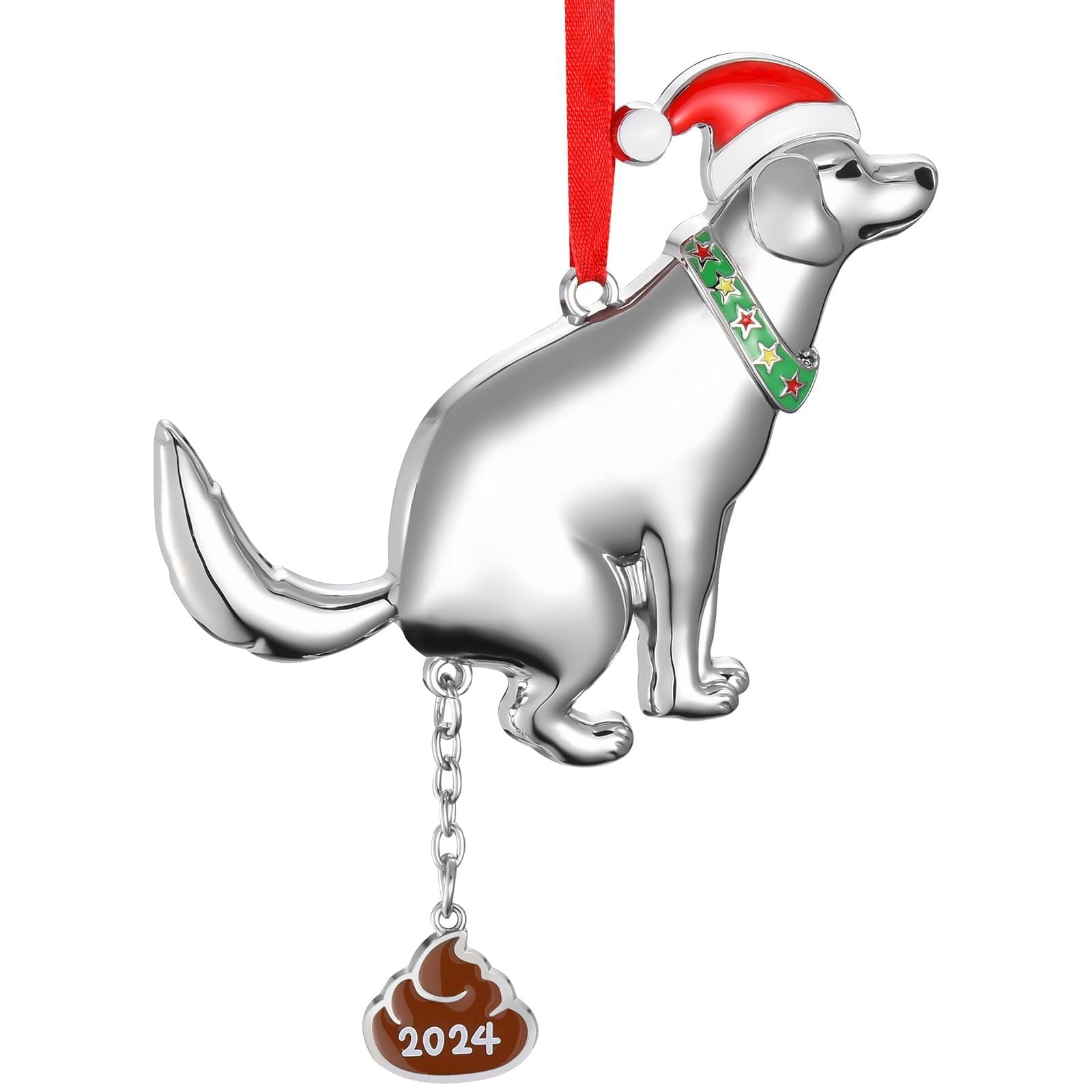 TELAIN Decoración de árbol de Navidad 2024, Perro Divertido con Caca, Adorno de Metal para Interiores, para Familiares y Amigos, Idea de Regalo de mordaza