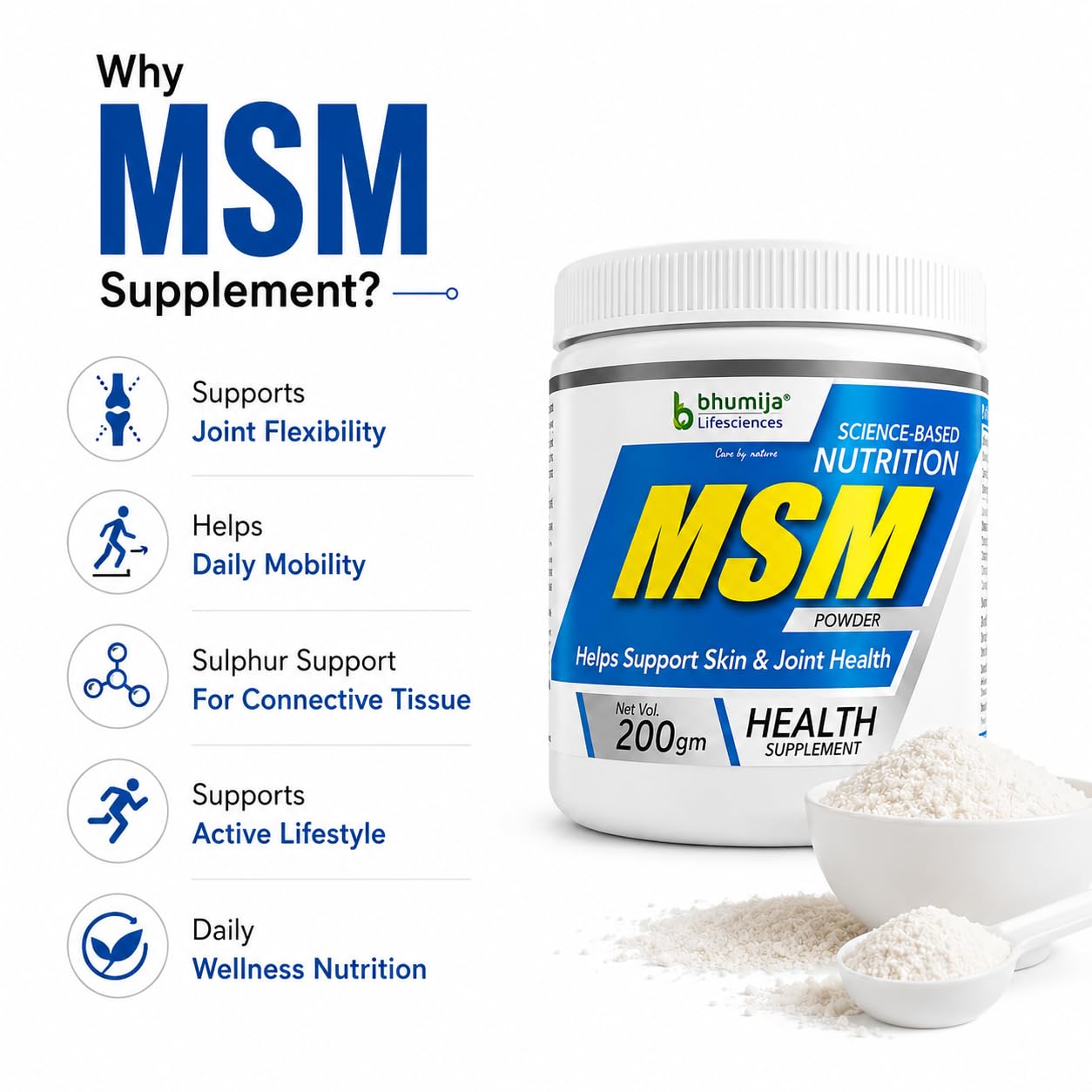 Bhumija Lifesciences MSM (Methylsulfonylmethane) Formula for Advanced Joint Support Muscle Recovery and Healthy Glowing Skin with Collagen-Boosting Sulfur for Flexibility Mobility Strength Hair Nail Vitality and Active Lifestyle Wellness Support 200g (Pack of 3)