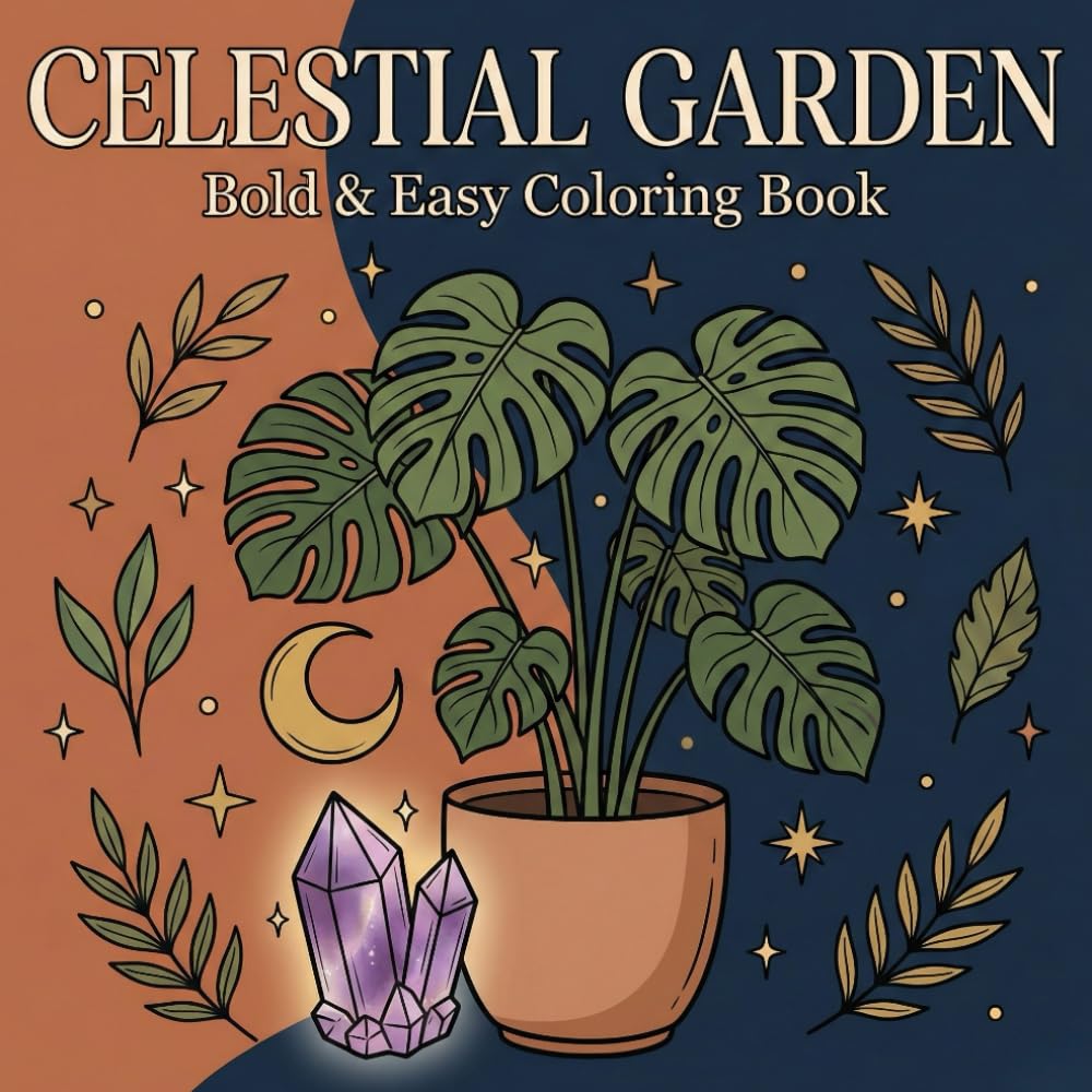 CELESTIAL GARDEN: Bold and Easy Coloring Book – Mystical Moon Phases, Boho Plants, Crystals, and Sun Patterns for Spiritual Stress Relief