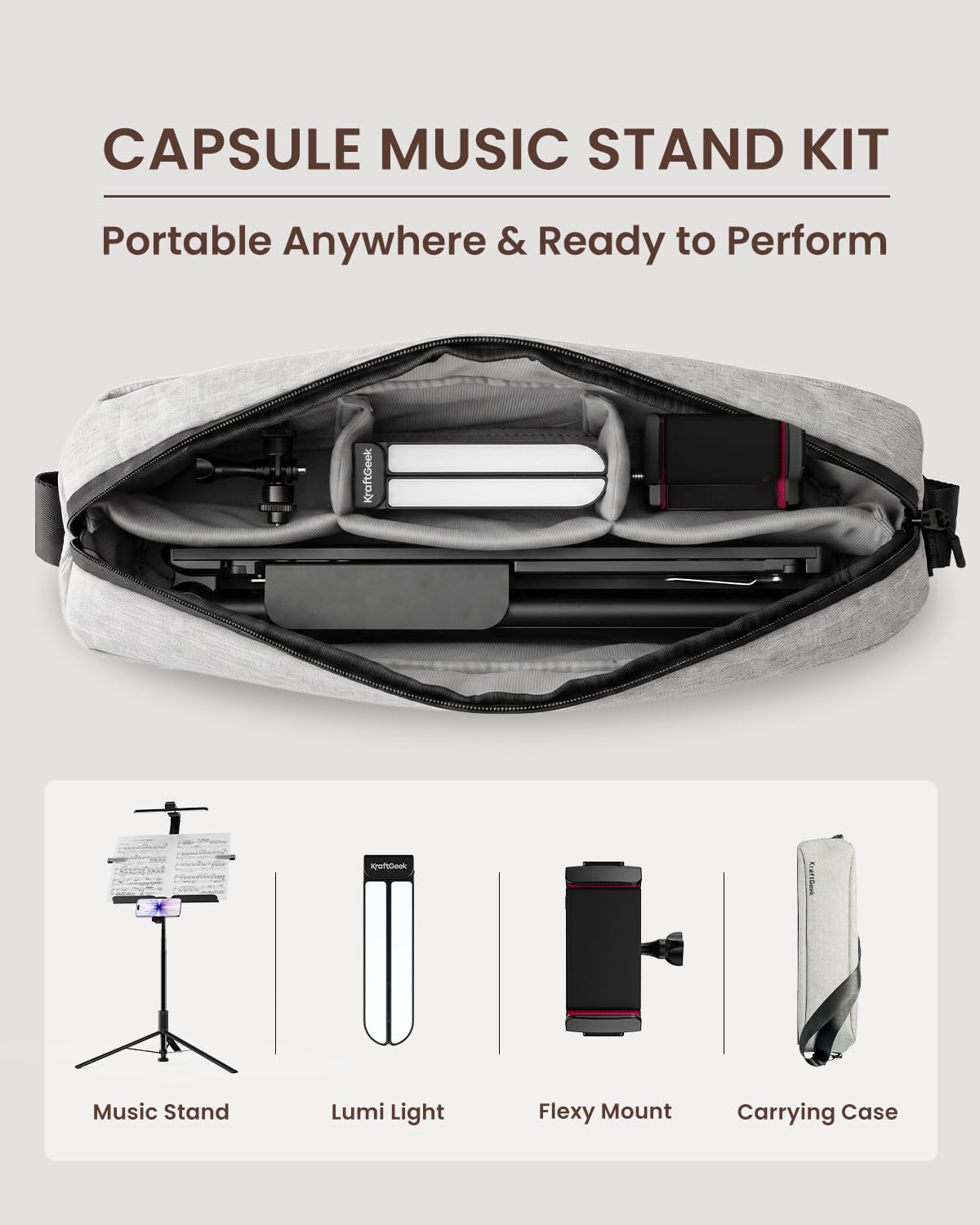 KraftGeek Kit di leggio portatile da 167,6 cm – Leggio pieghevole per spartiti da viaggio, include luce LED, borsa per il trasporto e supporto universale per telefono e tablet