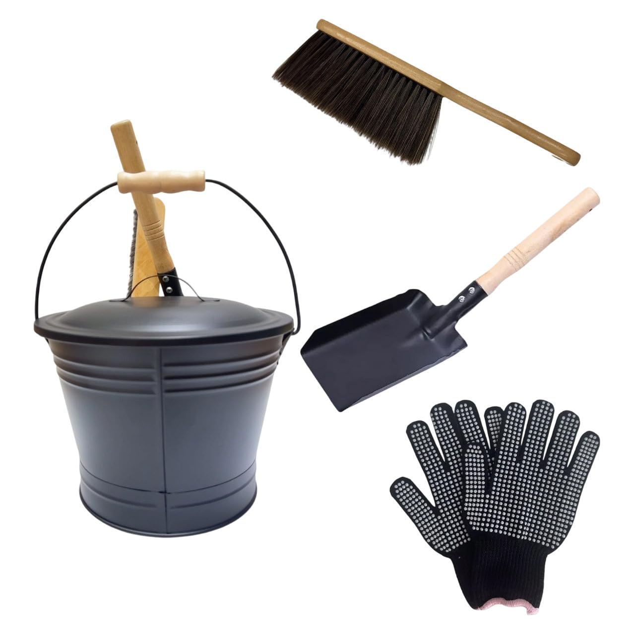 Ascheeimer mit Deckel Feuerfest, 4L Runder Kohleeimer mit Schaufel und Handbesen, Holzkohle Kohleeimer Set für Kamine, Feuerstellen, Holzherde, Werkzeugset Zubehör für Kamin