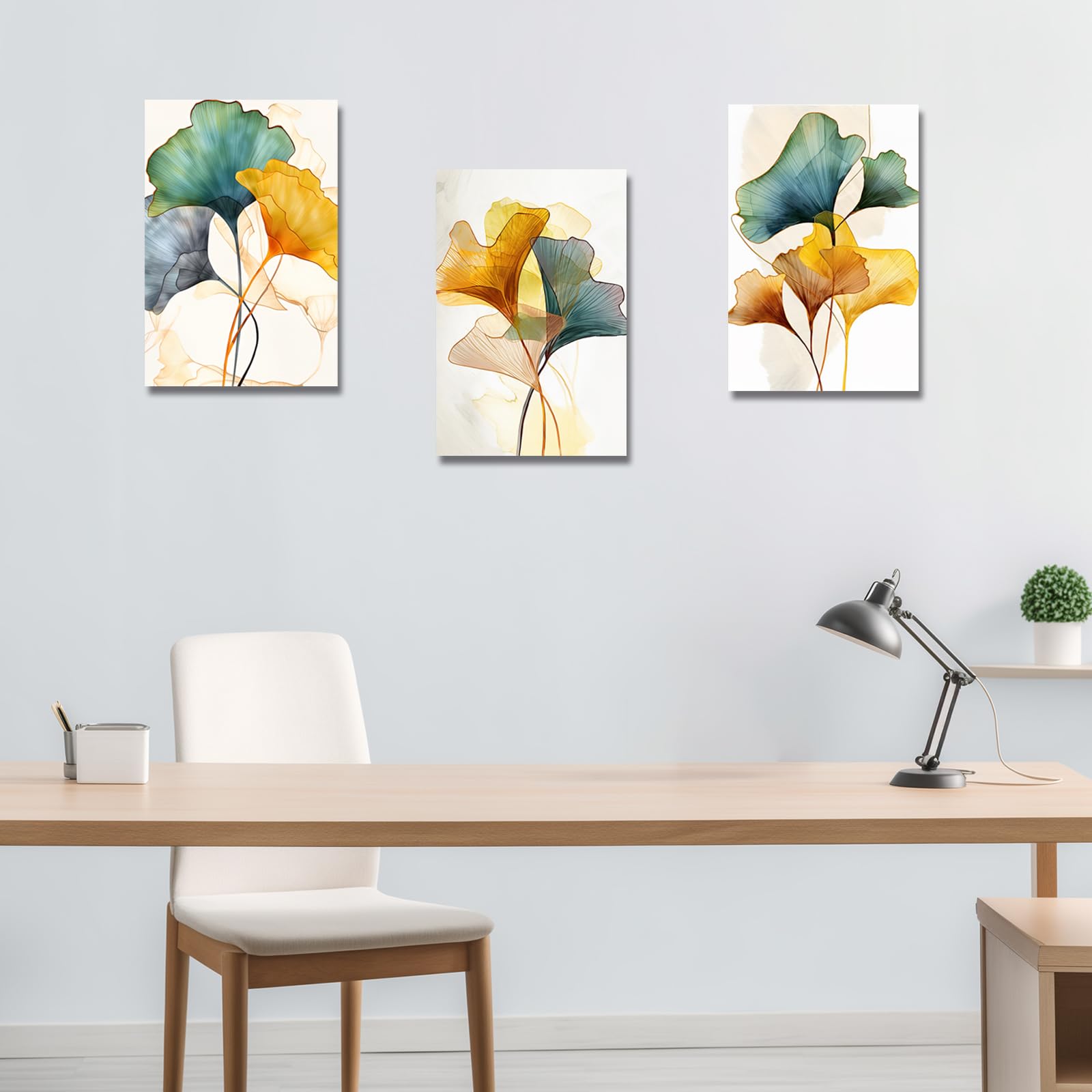 LZIMU Abstract Canvas Wall Art 3 Panels Green Yellow Gold Ginkgo Biloba Leaf Picture Prints Nordic Painting for Bedroom Home Decor Framed (Abstract-1 - Image 4