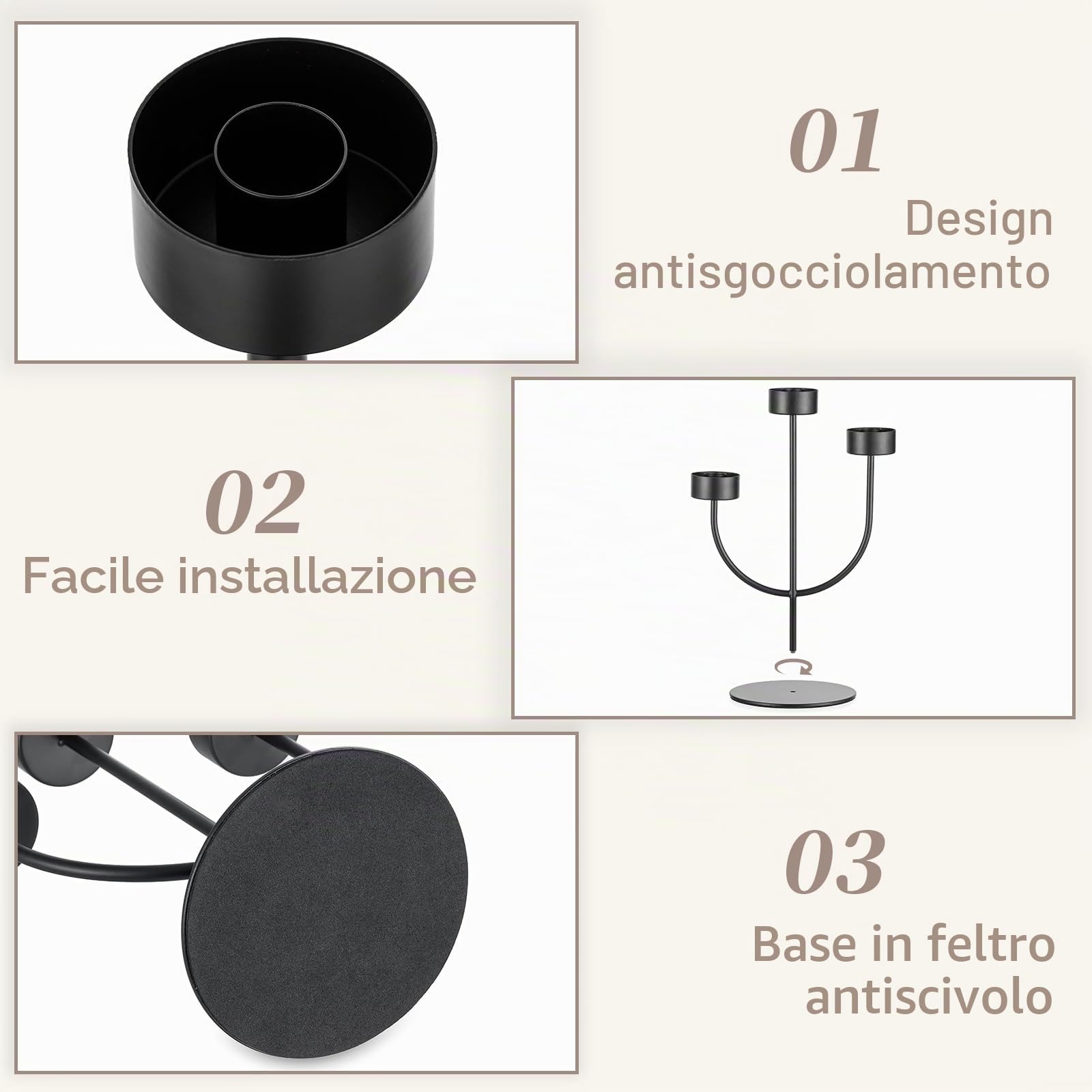 Sziqiqi Candelabro Nero: Portacandele a 3 Bracci con Vetro Hurricane per Centrotavola - Candelabro Gotico in Metallo per Decorazioni Halloween Esterno Cena Camino